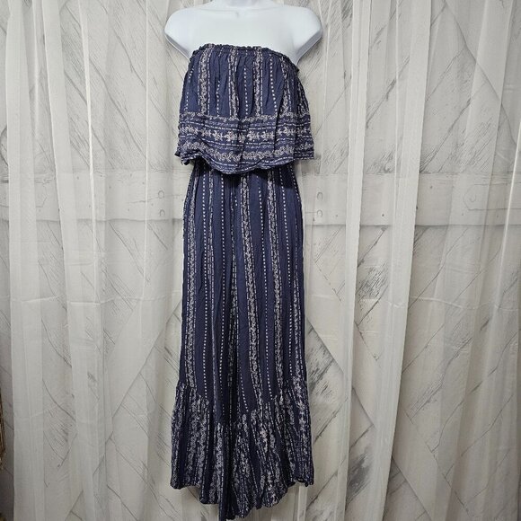 Japna Blue Floral Strapless Wide Leg Boho Romper Size M - Picture 1 of 9